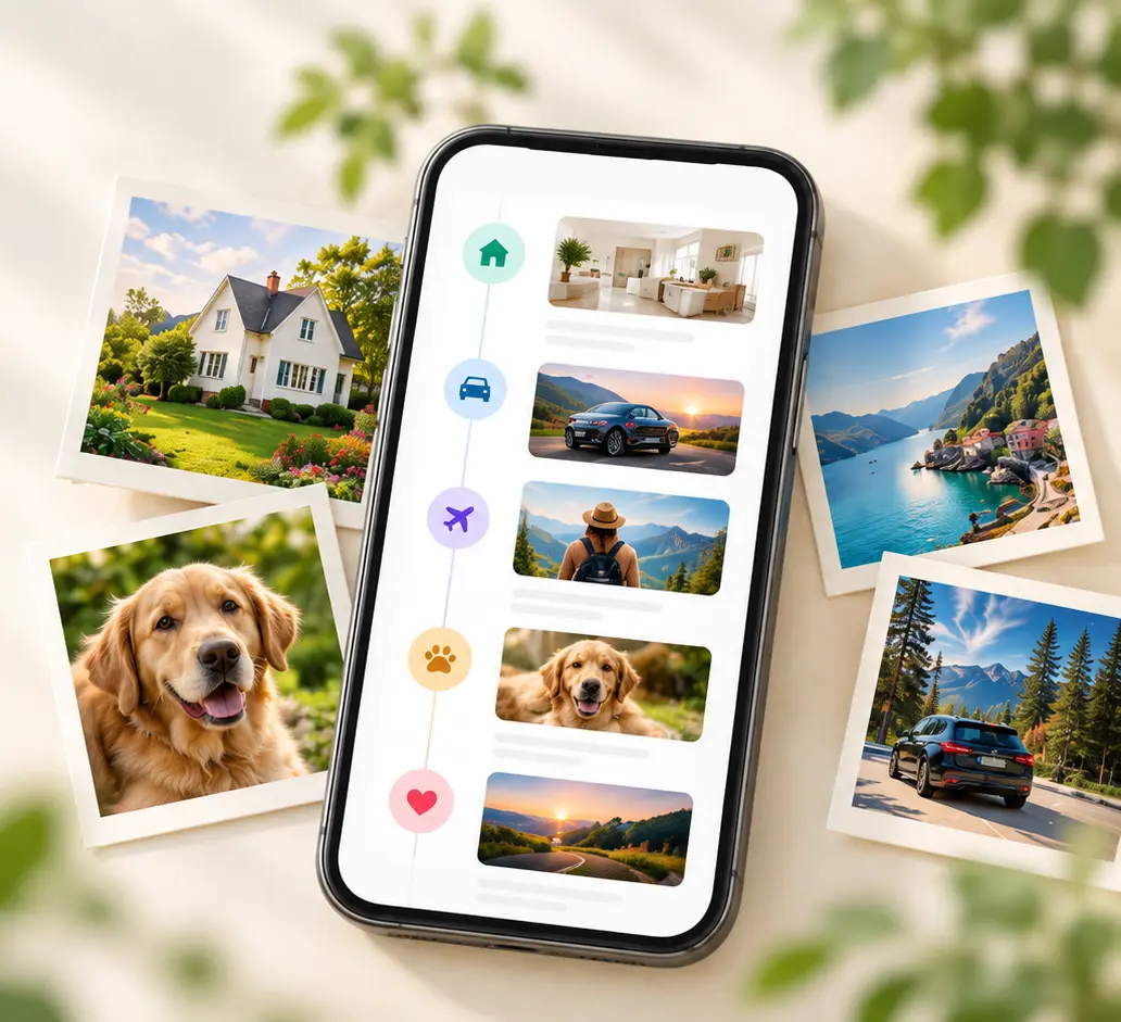 ToRecall on a phone: a timeline with a house, a car, a trip, a dog and a milestone, among printed photographs.