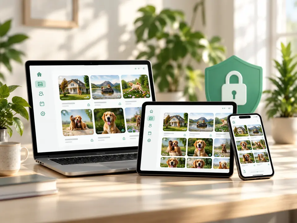 ToRecall on a laptop, a tablet and a phone on a desk, beside a green shield with a padlock.