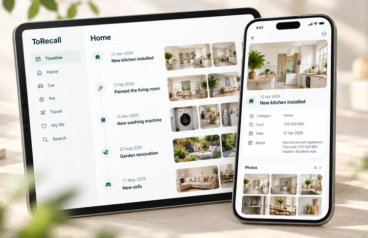 ToRecall on a tablet and a phone, showing the history of a home with a new kitchen.